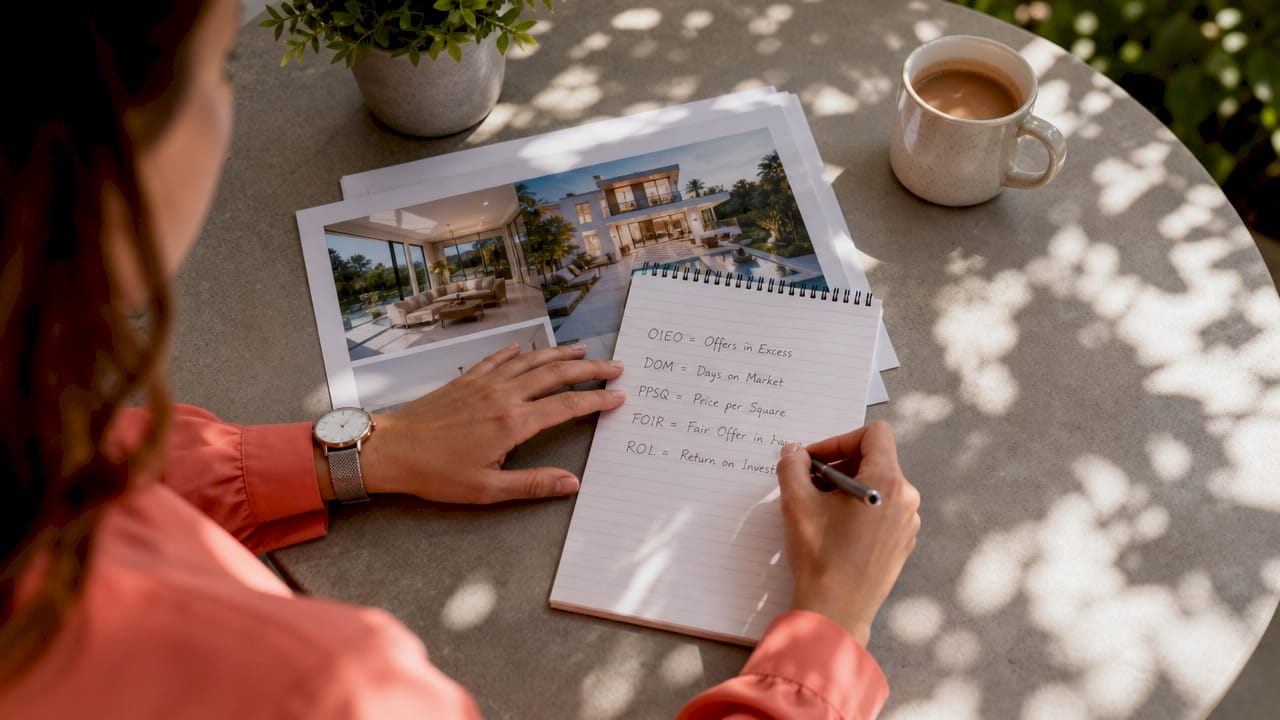 Hands taking notes on luxury real estate terms