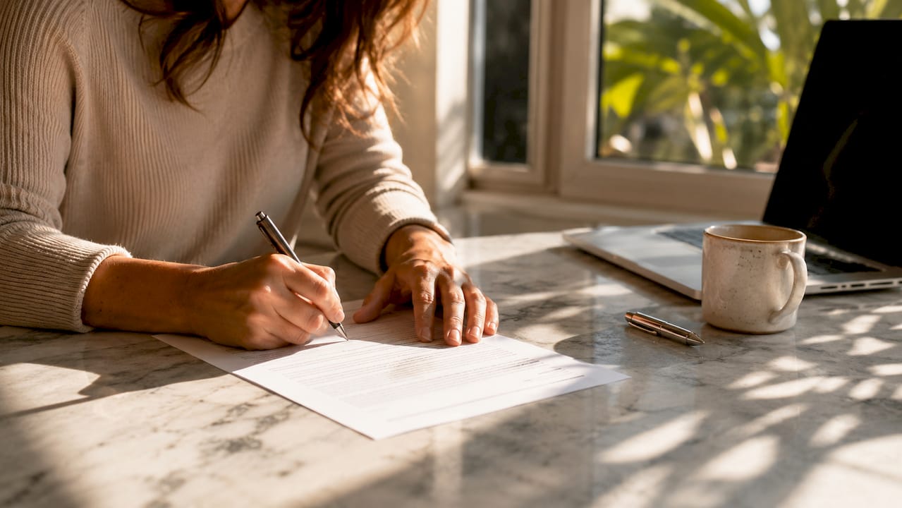 Close-up of hands signing property ownership document