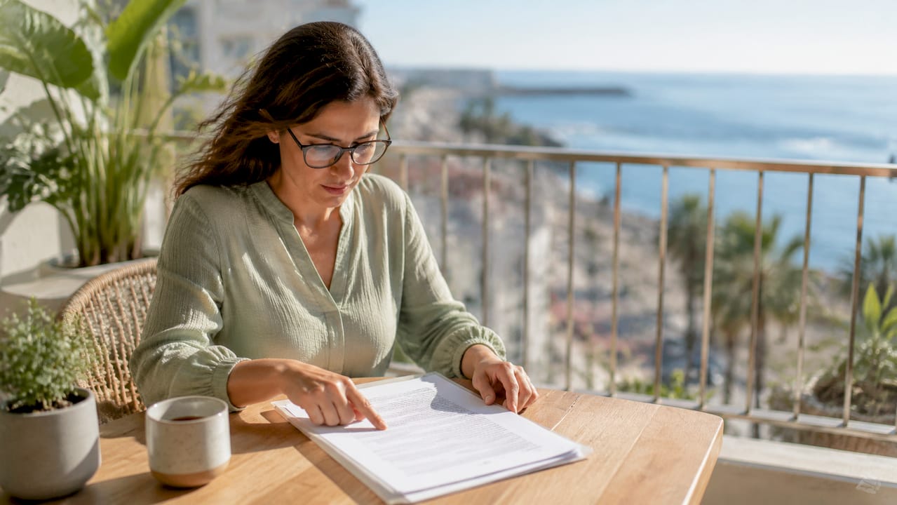 Mujer revisando la documentación legal de una propiedad en su despacho.