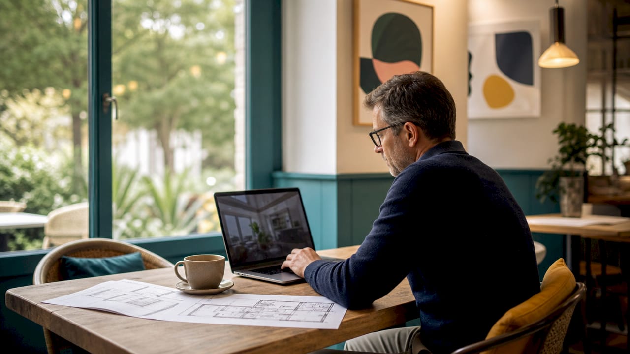 Man navigating interactive virtual home tour on desktop