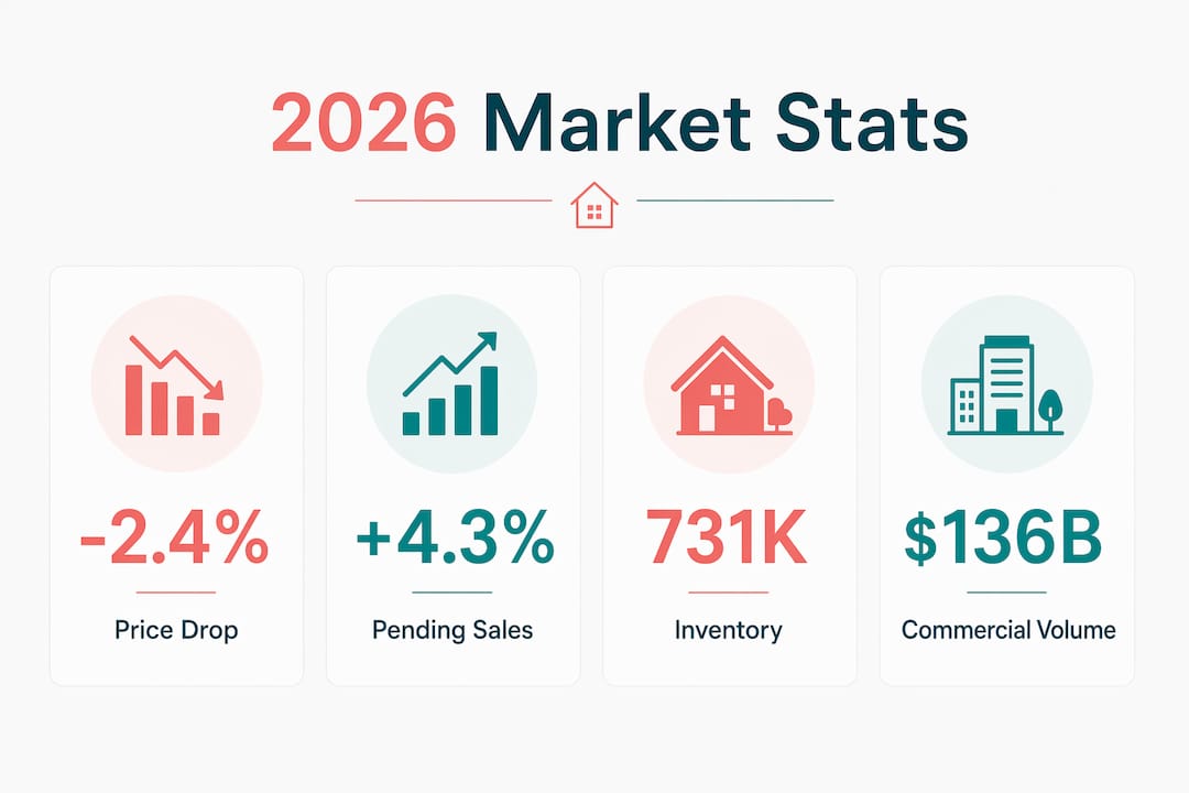 Infographic displaying key 2026 real estate market statistics