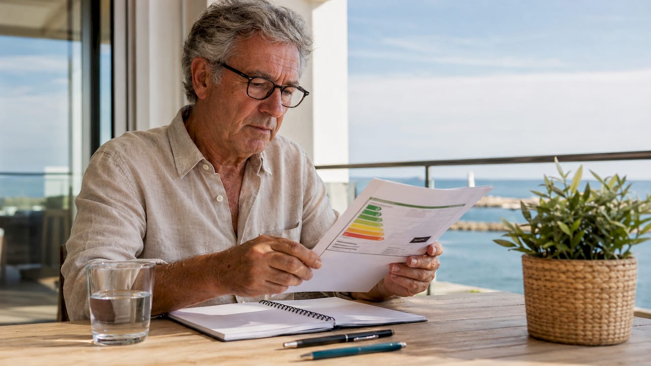 Dueño de vivienda revisando el certificado energético en su oficina