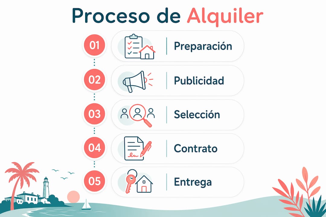 Guía visual con los pasos clave para alquilar una vivienda