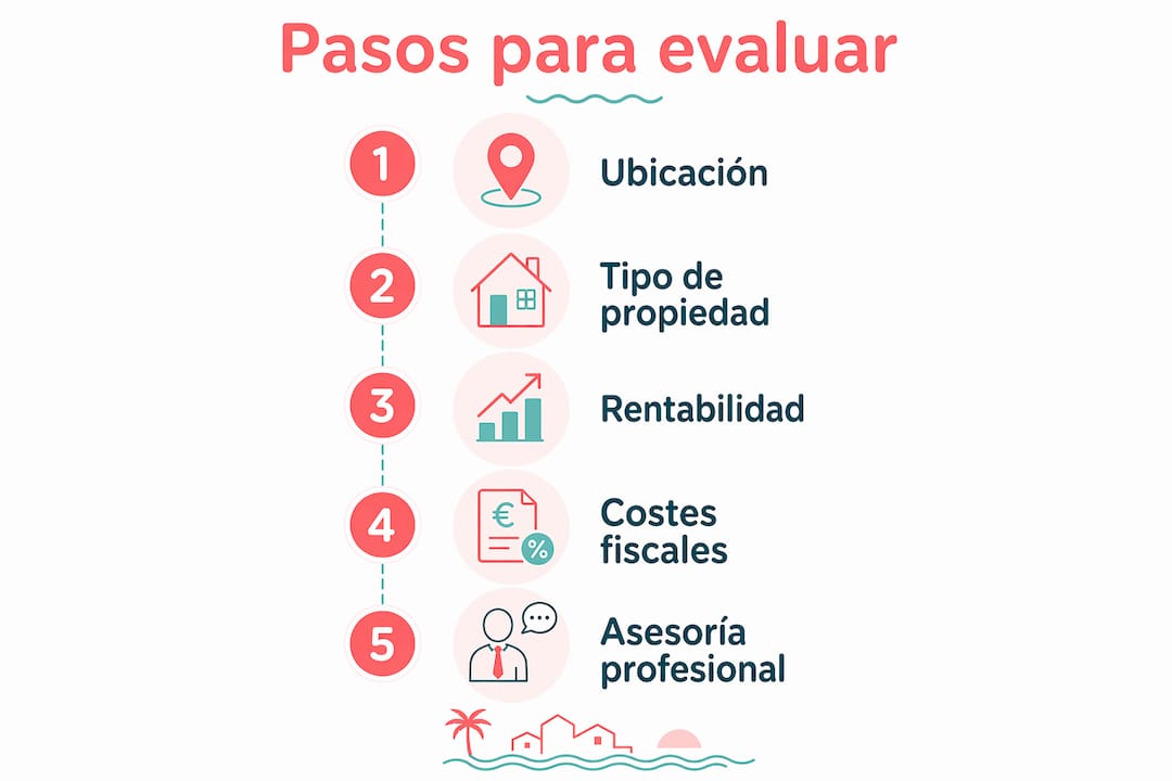 Guía visual con los pasos imprescindibles para analizar una inversión inmobiliaria en la Costa Dorada