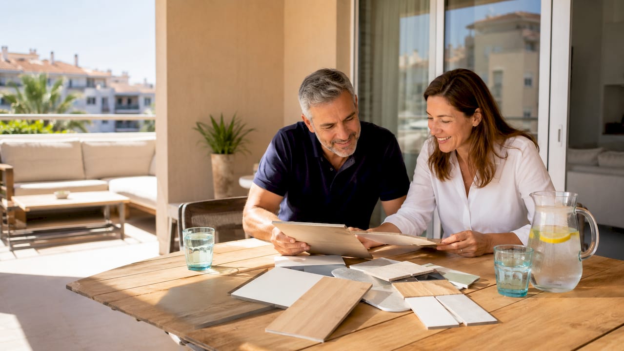 Una pareja revisa y compara diferentes opciones de materiales para renovar su cocina.