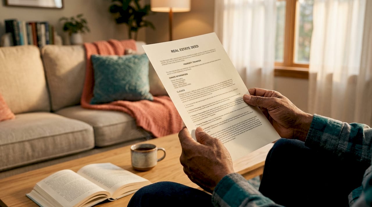 Hands holding real estate title document at home office
