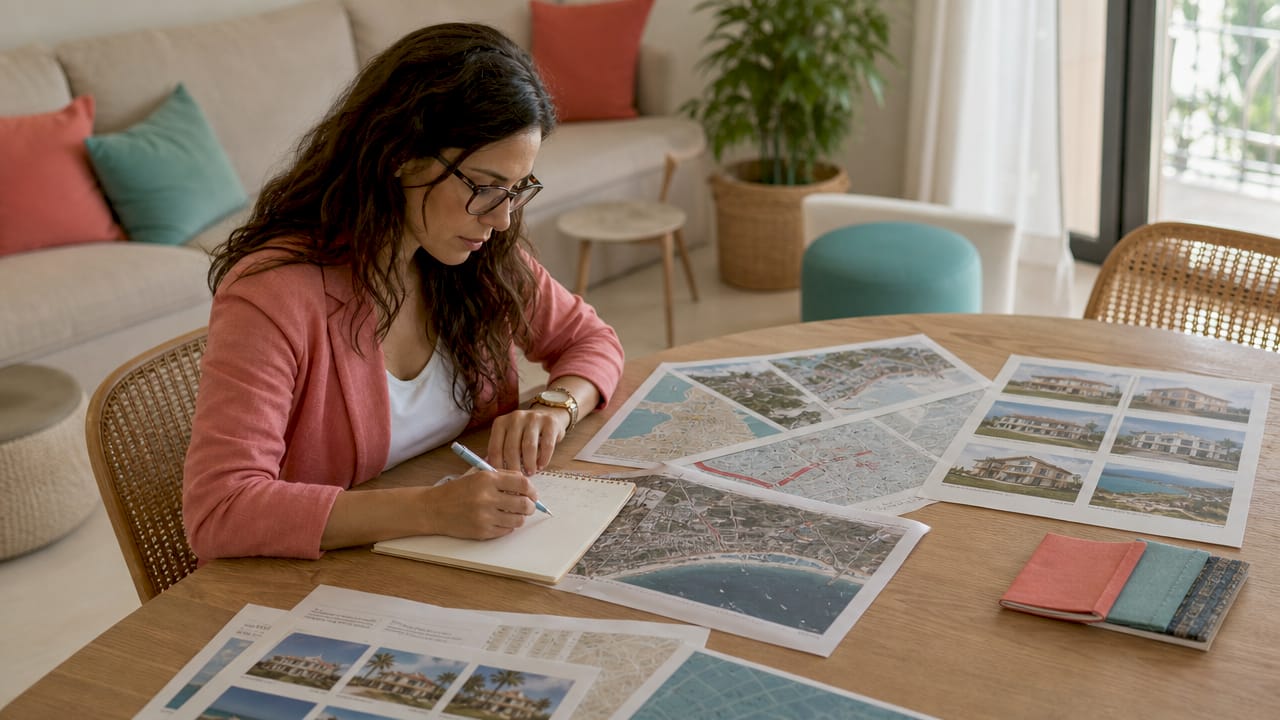 Un agente inmobiliario revisa planos de propiedades en la oficina de Cambrils.