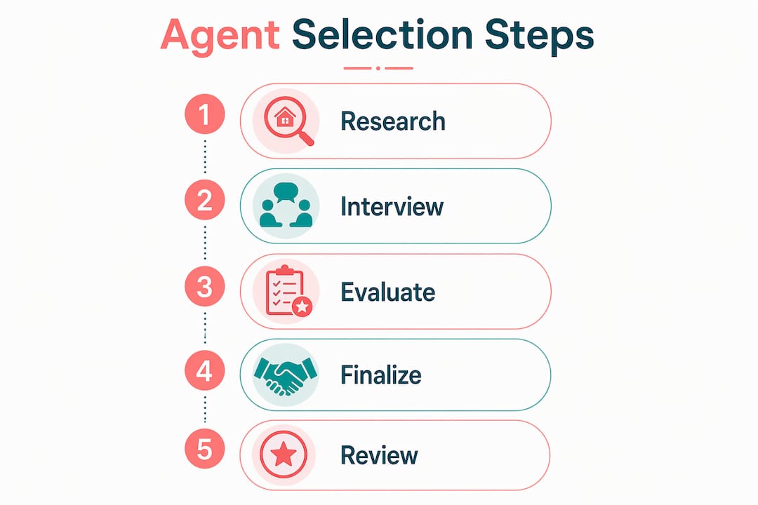 Infographic illustrating steps to choose real estate agent
