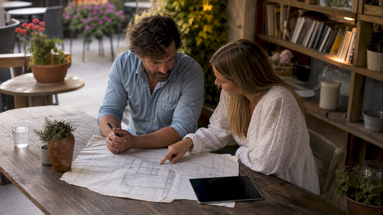 Personas examinando cuidadosamente los planos de una vivienda