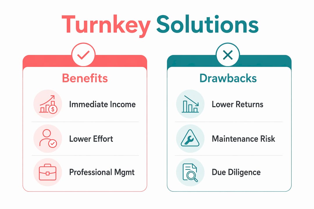 Infographic comparing benefits and drawbacks of turnkey real estate solutions