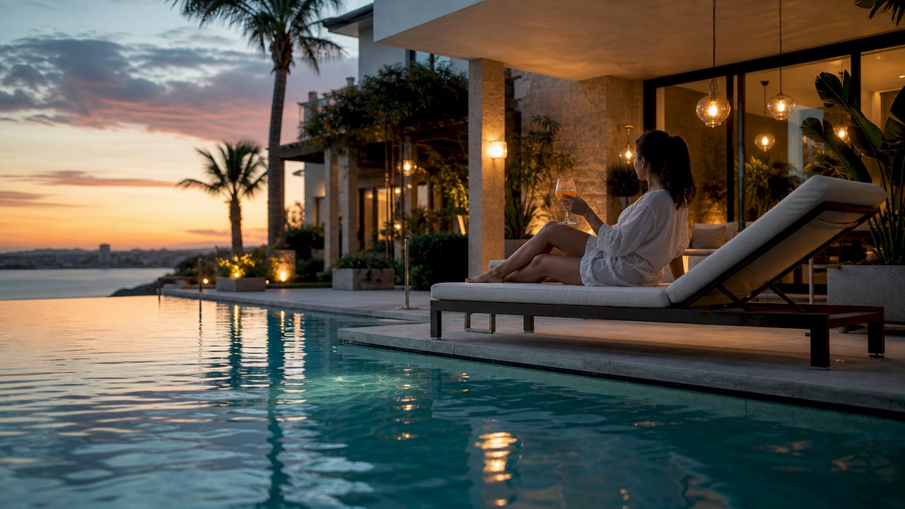 Una mujer observa la piscina desde el interior de la villa