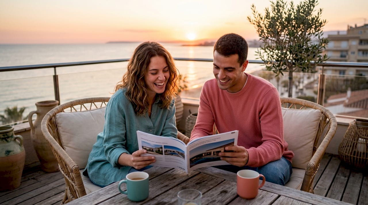 Una pareja disfruta de la vista desde la terraza mientras revisa opciones de casas frente al mar en un catálogo.