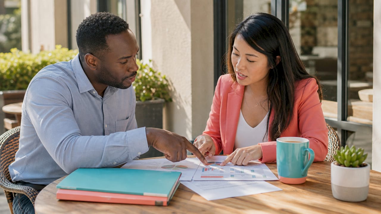 Hands pointing at loan type comparison documents