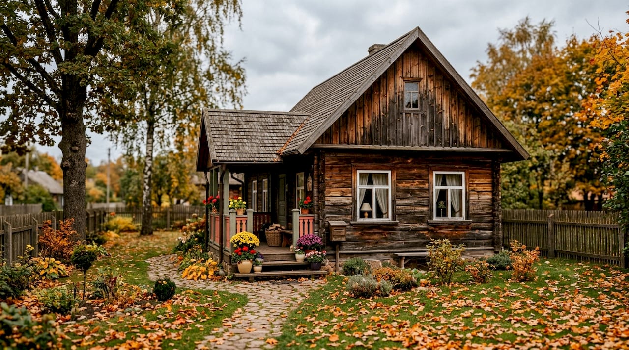 Rudenį saulės apšviestas atskiras vieno aukšto namas