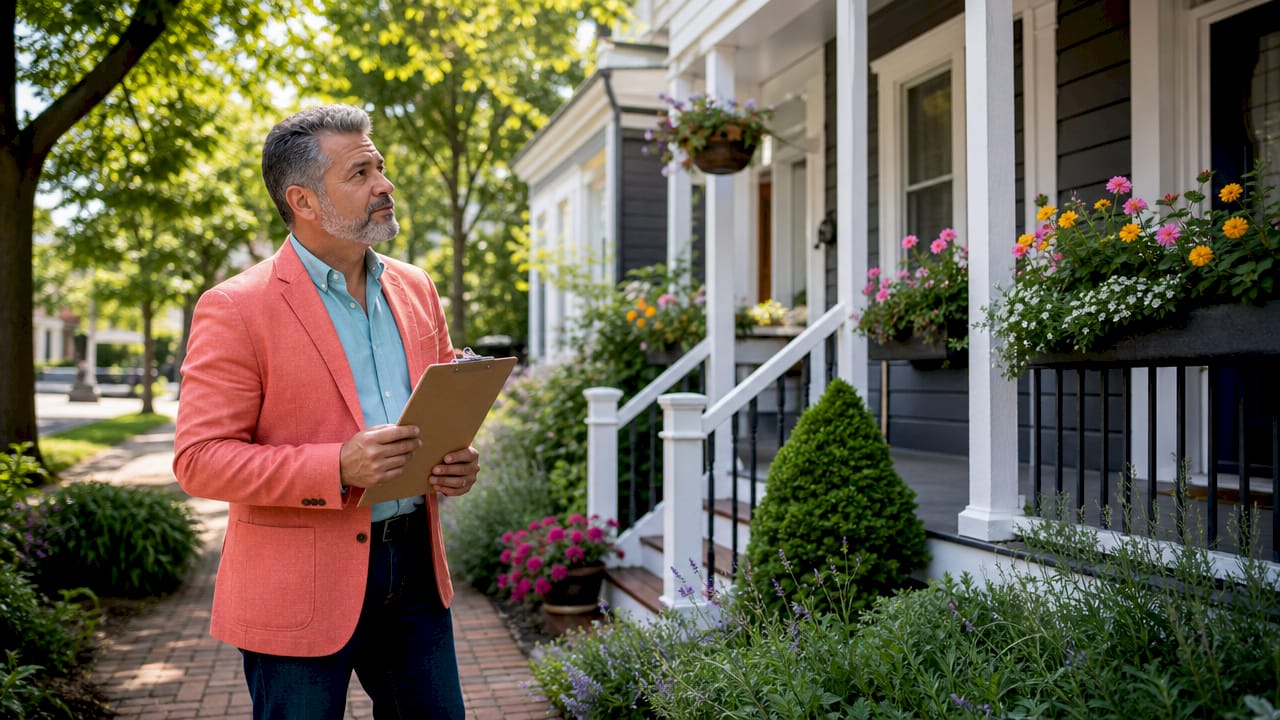 Appraiser inspecting house exterior