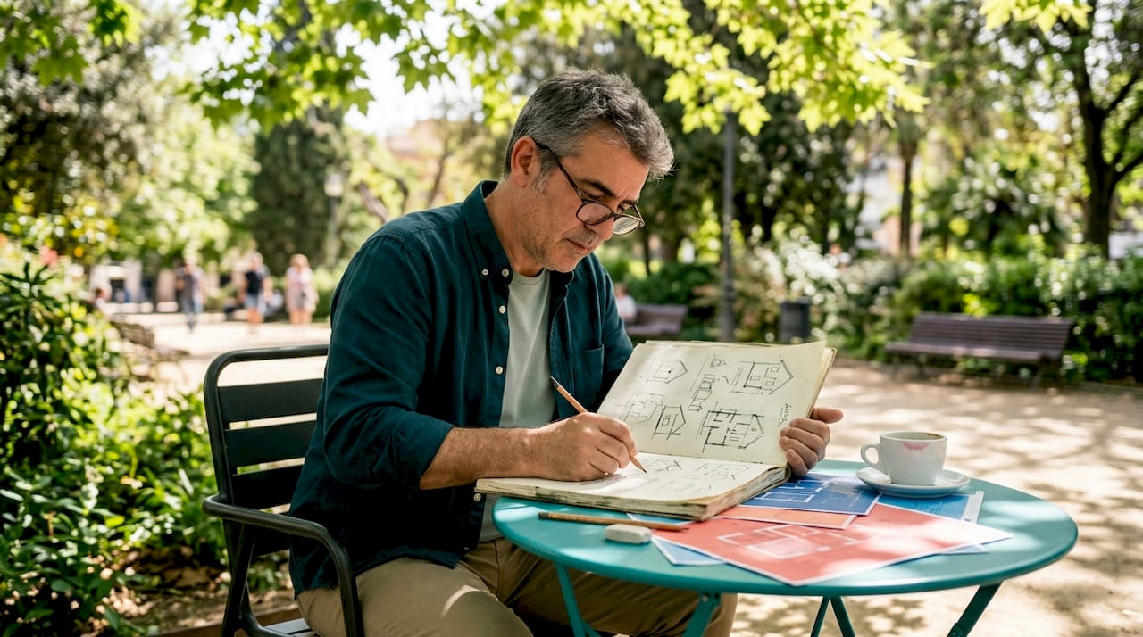 Architect sketching renovation ideas outdoors