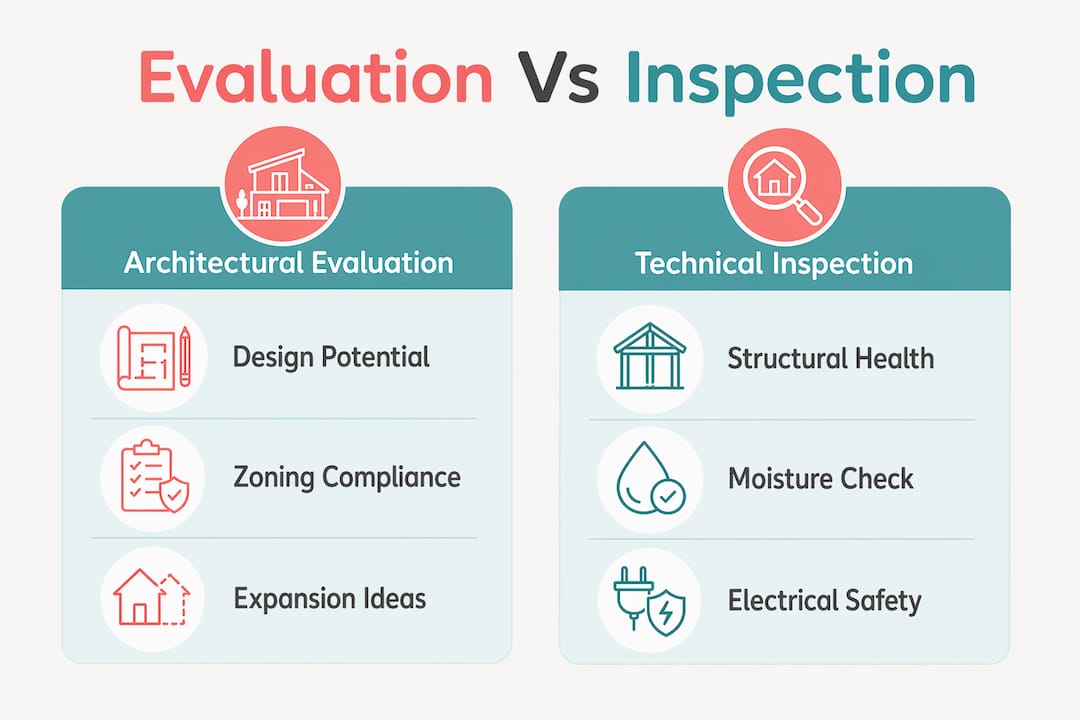 Infographic comparing architectural evaluation and technical inspection