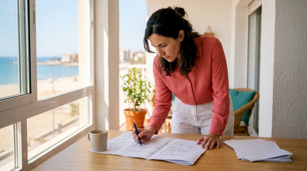 Abogado inmobiliario revisando la documentación de una propiedad en la costa