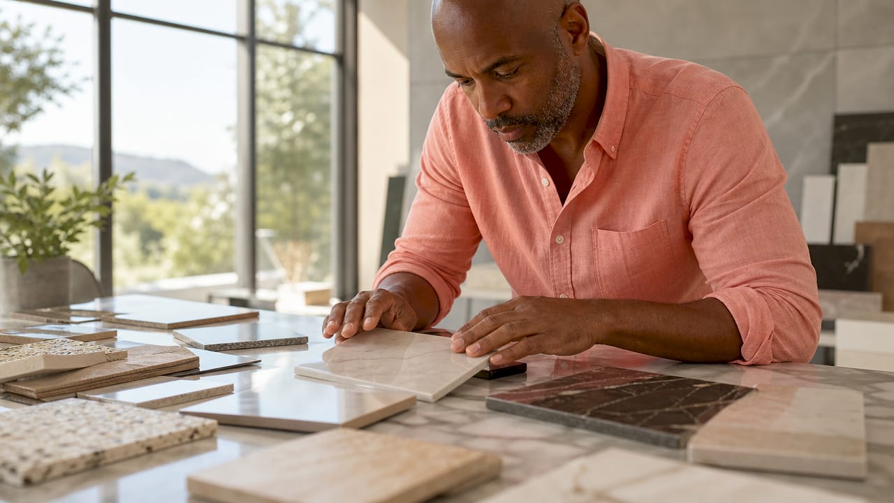 Craftsman inspecting luxury wood flooring samples