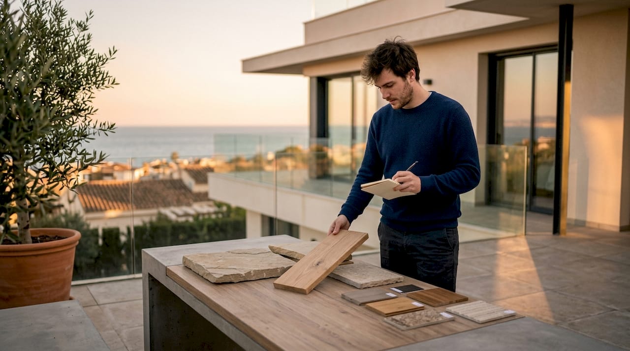Arquitecto joven revisando materiales en una vivienda moderna en Cambrils