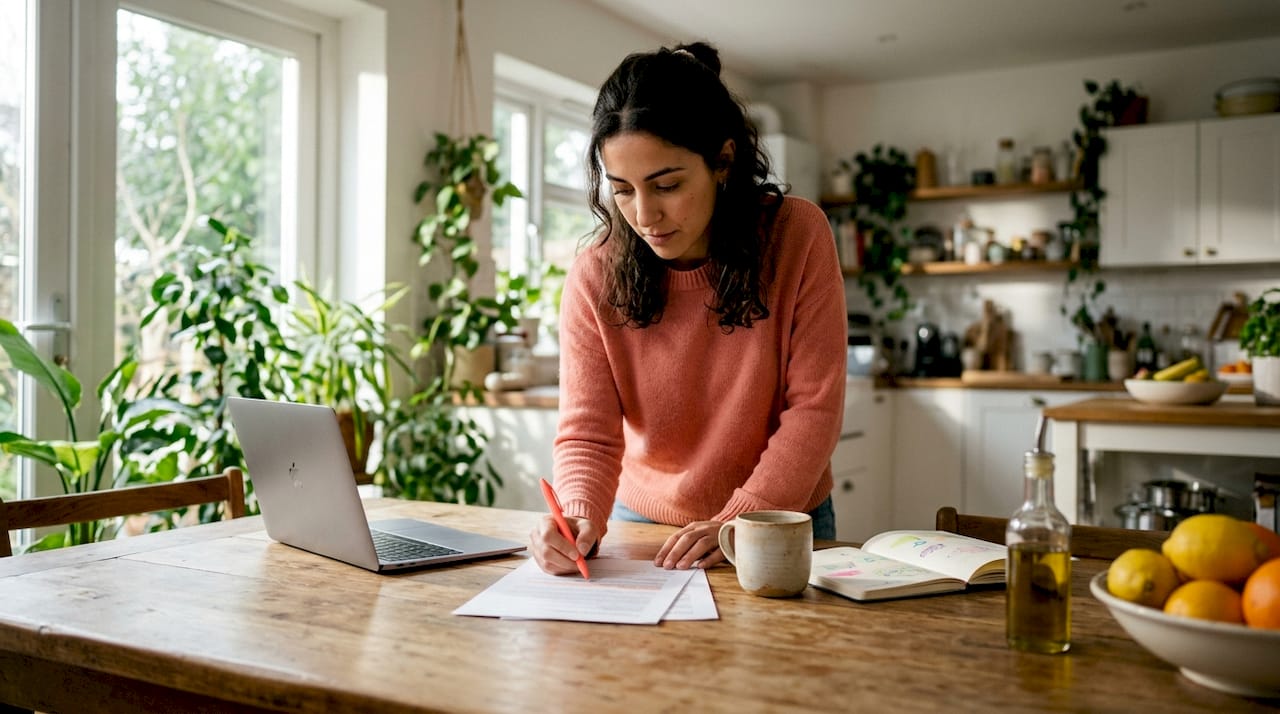 Woman reviewing property registry documents at home desk