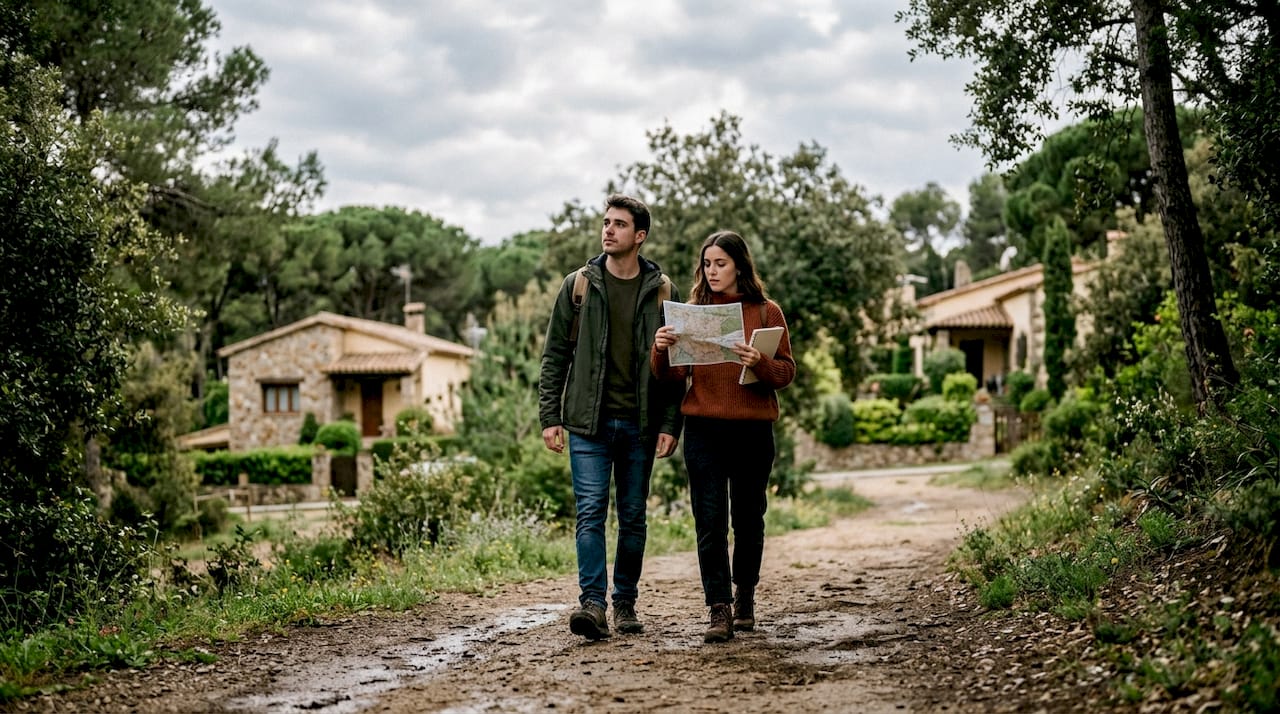 Una pareja observa atentamente el entorno donde se encuentra el chalet, valorando su ubicación y el paisaje que lo rodea.