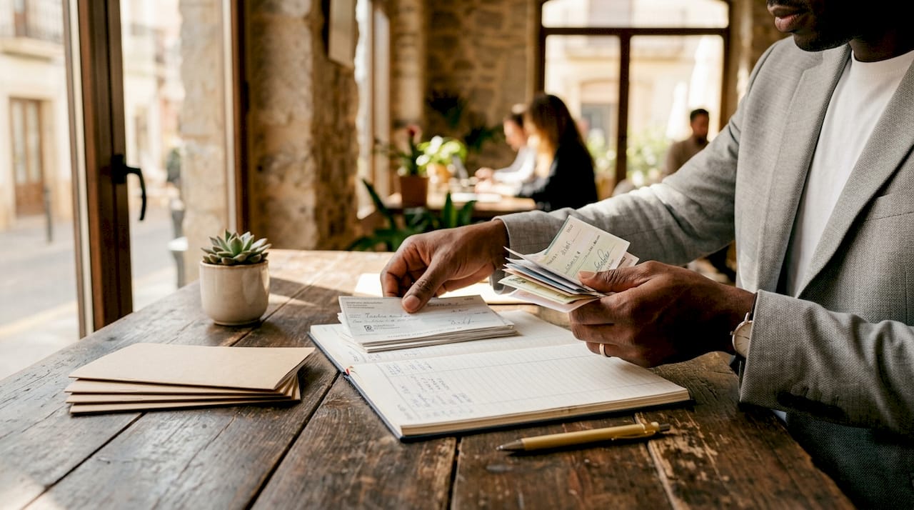 Hands organizing escrow payments at law office table
