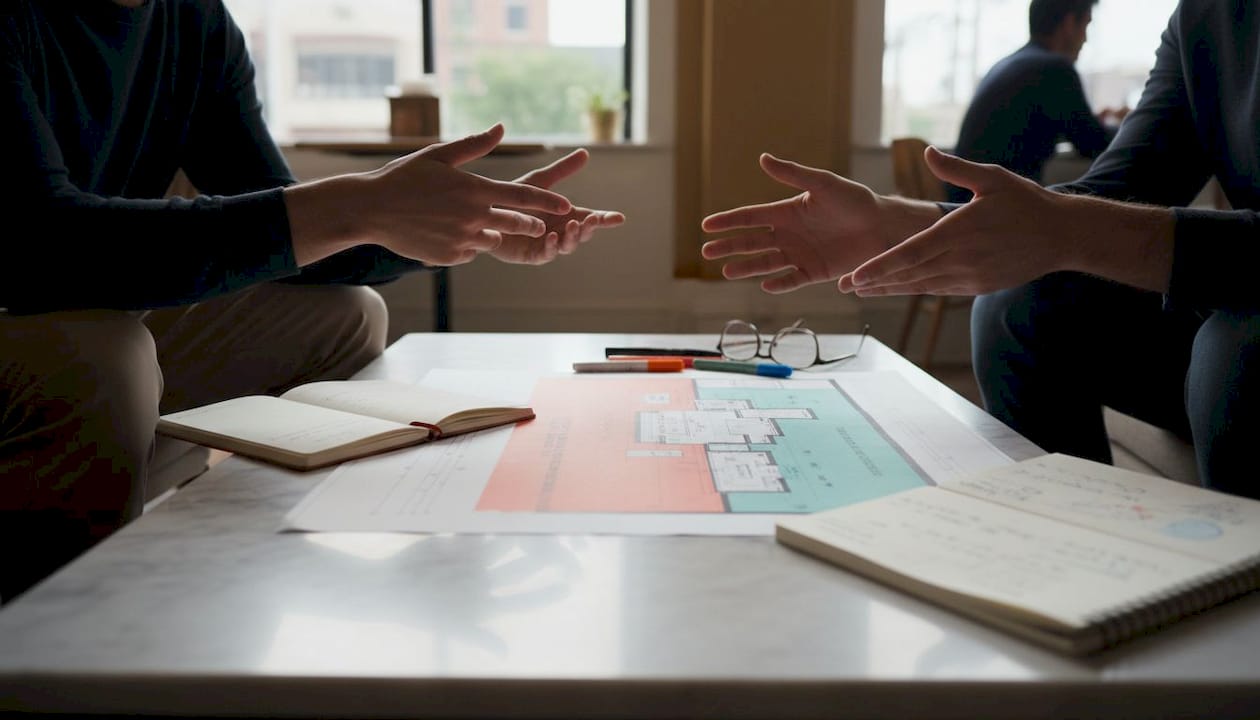 Hands discussing multi-unit dwelling floor plans