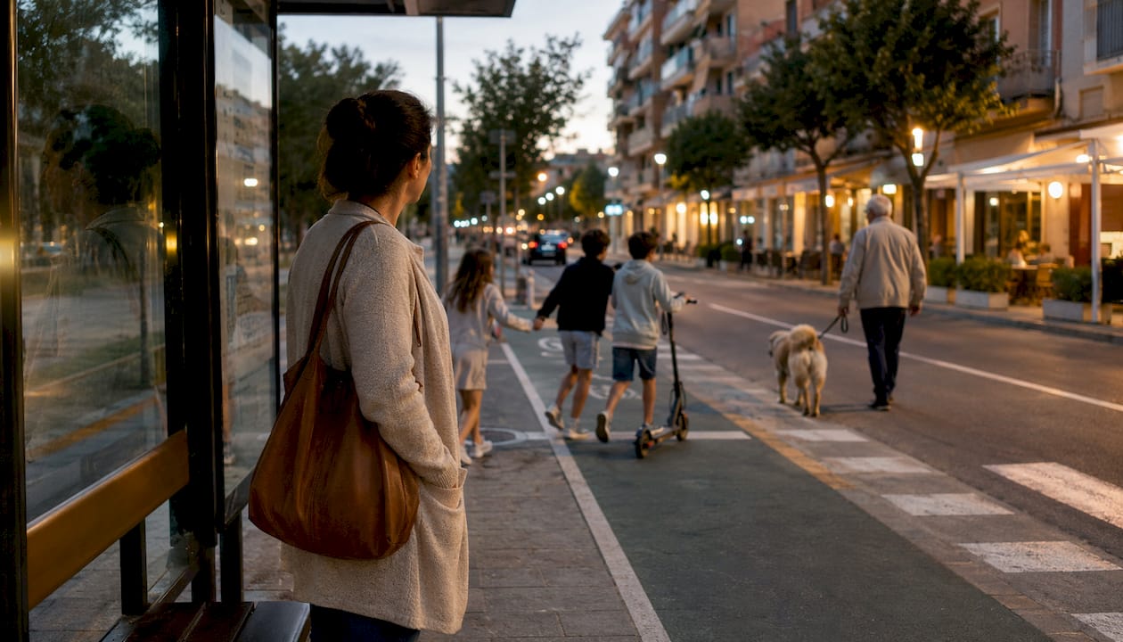 Neighborhood street with transit and pedestrians