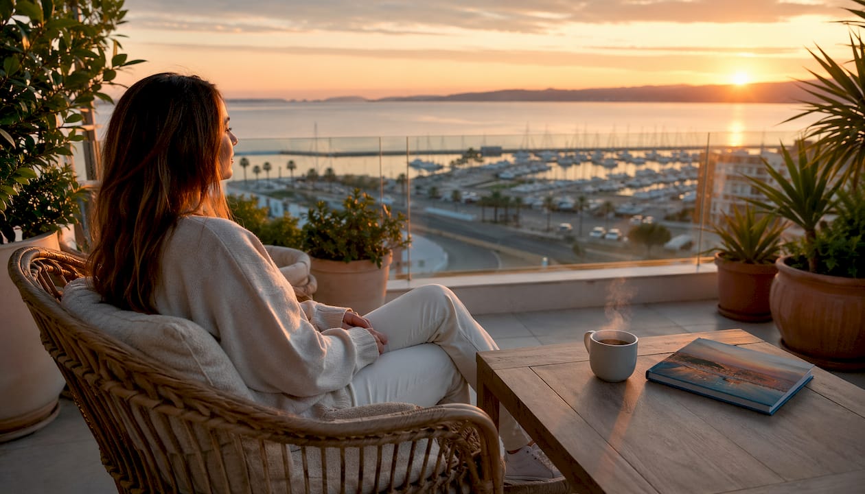 Una mujer disfruta de las impresionantes vistas desde la terraza de un ático exclusivo.