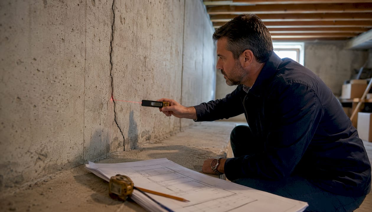 Hands measuring wall crack with laser device