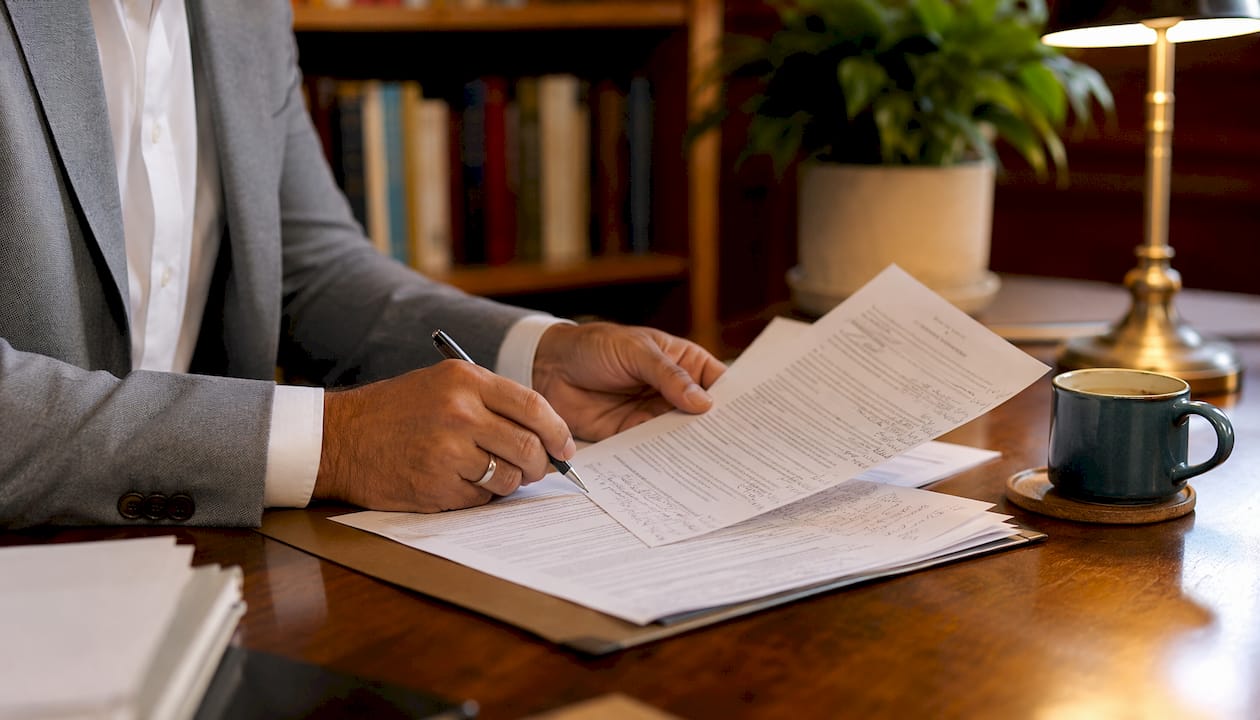 Close-up of hands handling real estate contracts