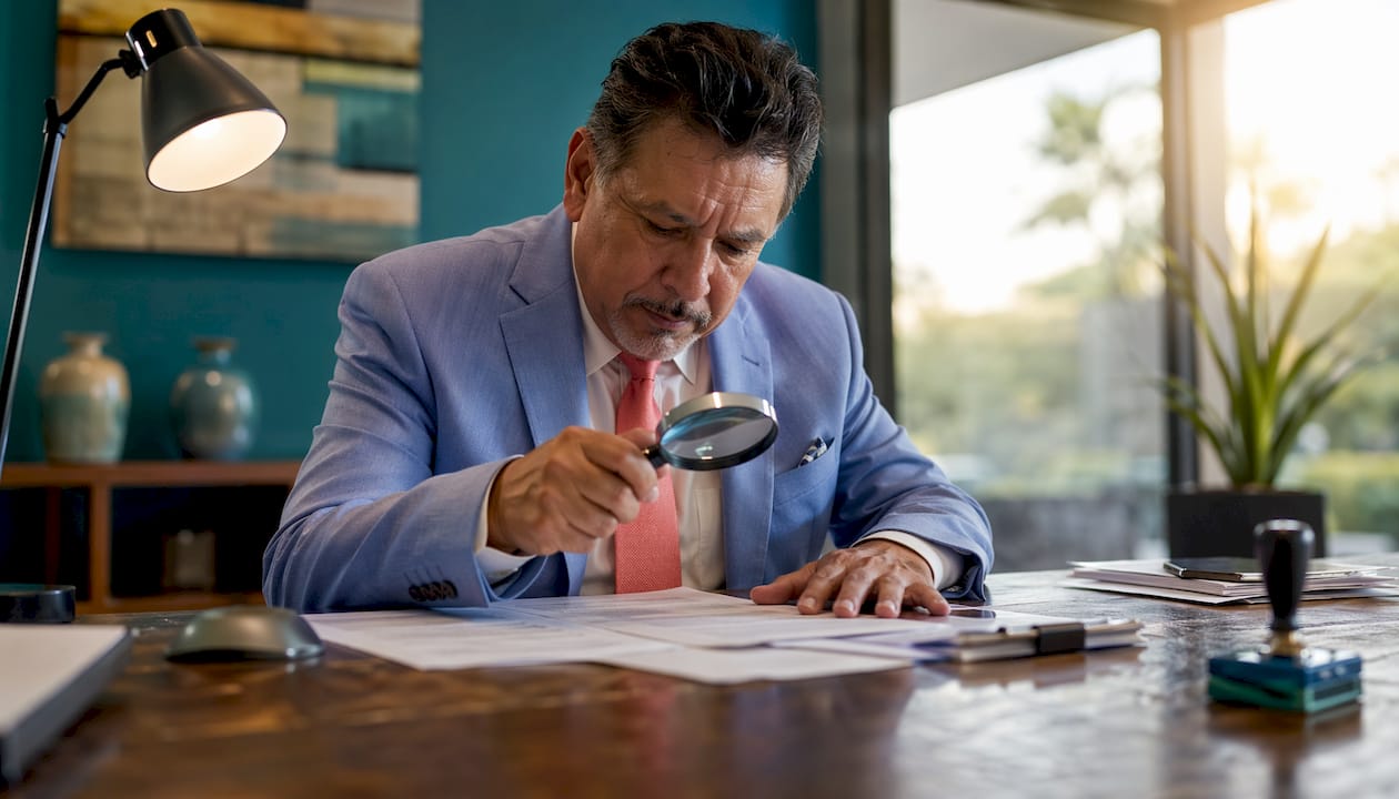 Notary examining real estate document closely