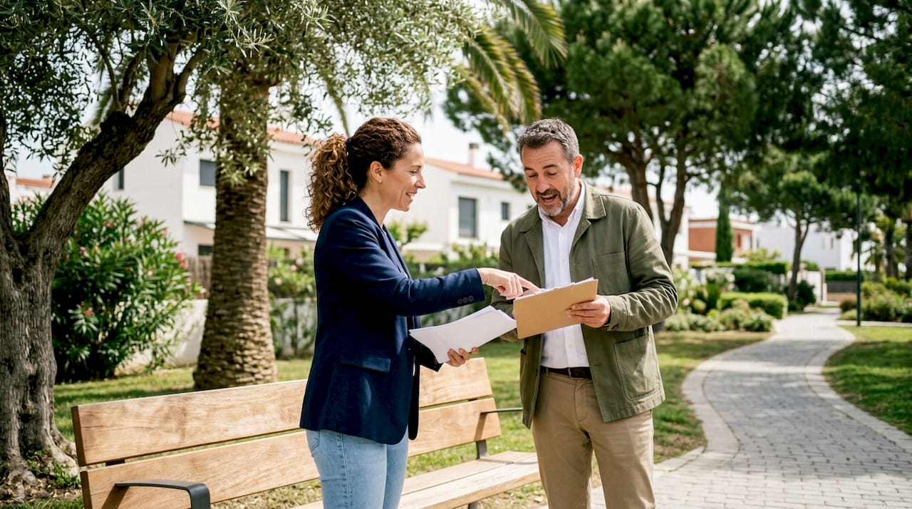 Un grupo de agentes inmobiliarios realizan una tasación de una vivienda en Cambrils mientras cae la tarde, aprovechando la luz suave del atardecer para valorar cada detalle.