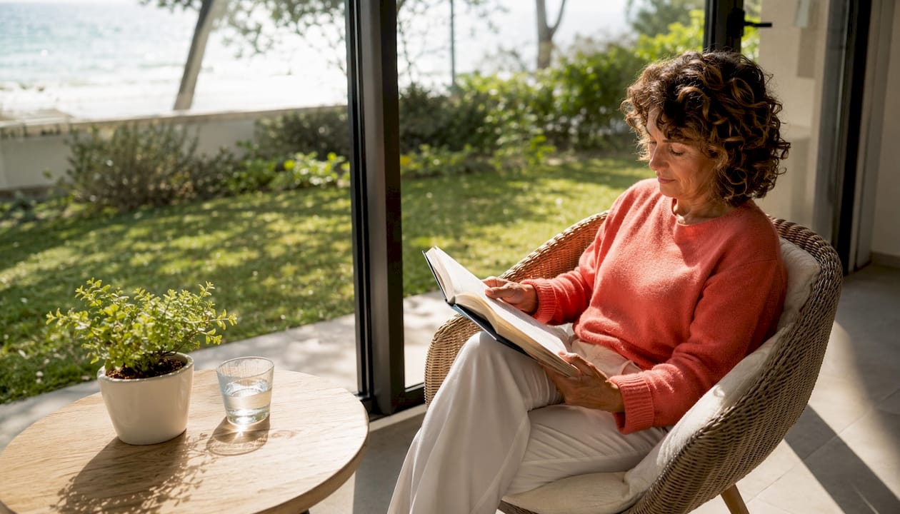 Una mujer disfruta de la lectura en el salón, bañada por la cálida luz del atardecer.