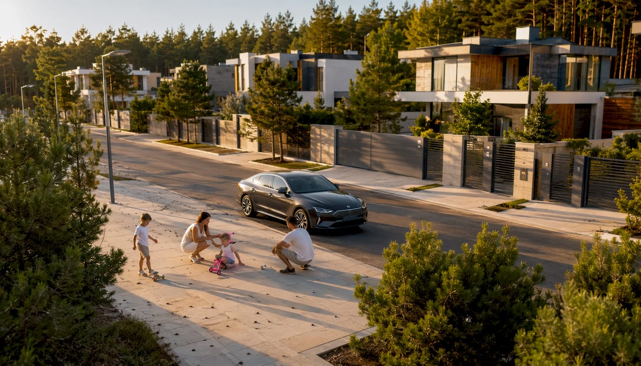 Prabangus namas su šiuolaikiška infrastruktūra, o šalia ramiai vaikštinėja vietiniai gyventojai.