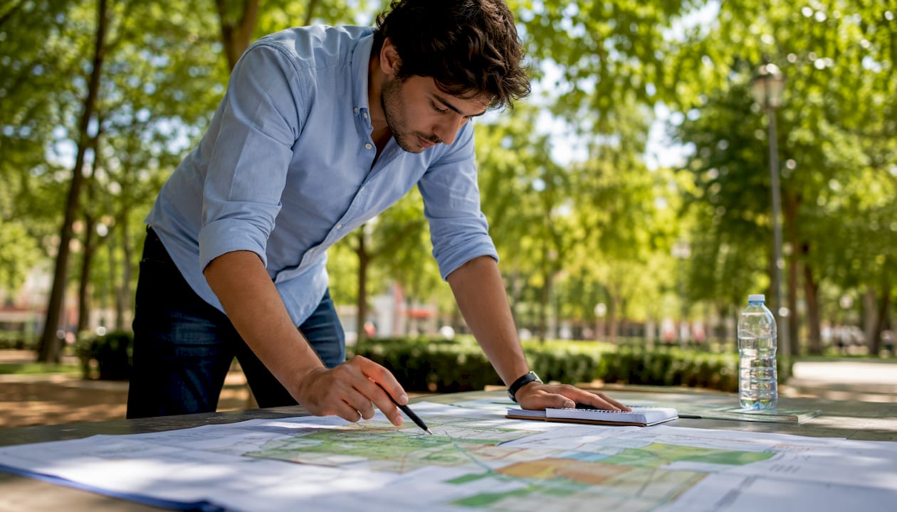 Un hombre revisa planos urbanísticos en una oficina del ayuntamiento.