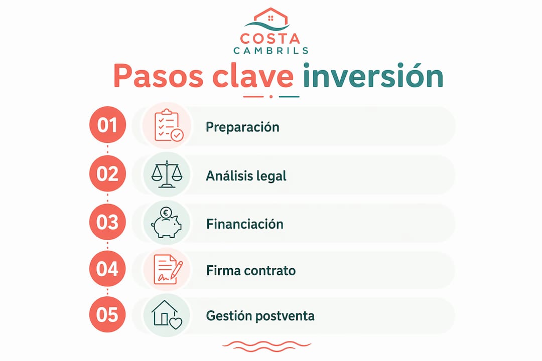 Infografía con los pasos esenciales para empezar a invertir en España