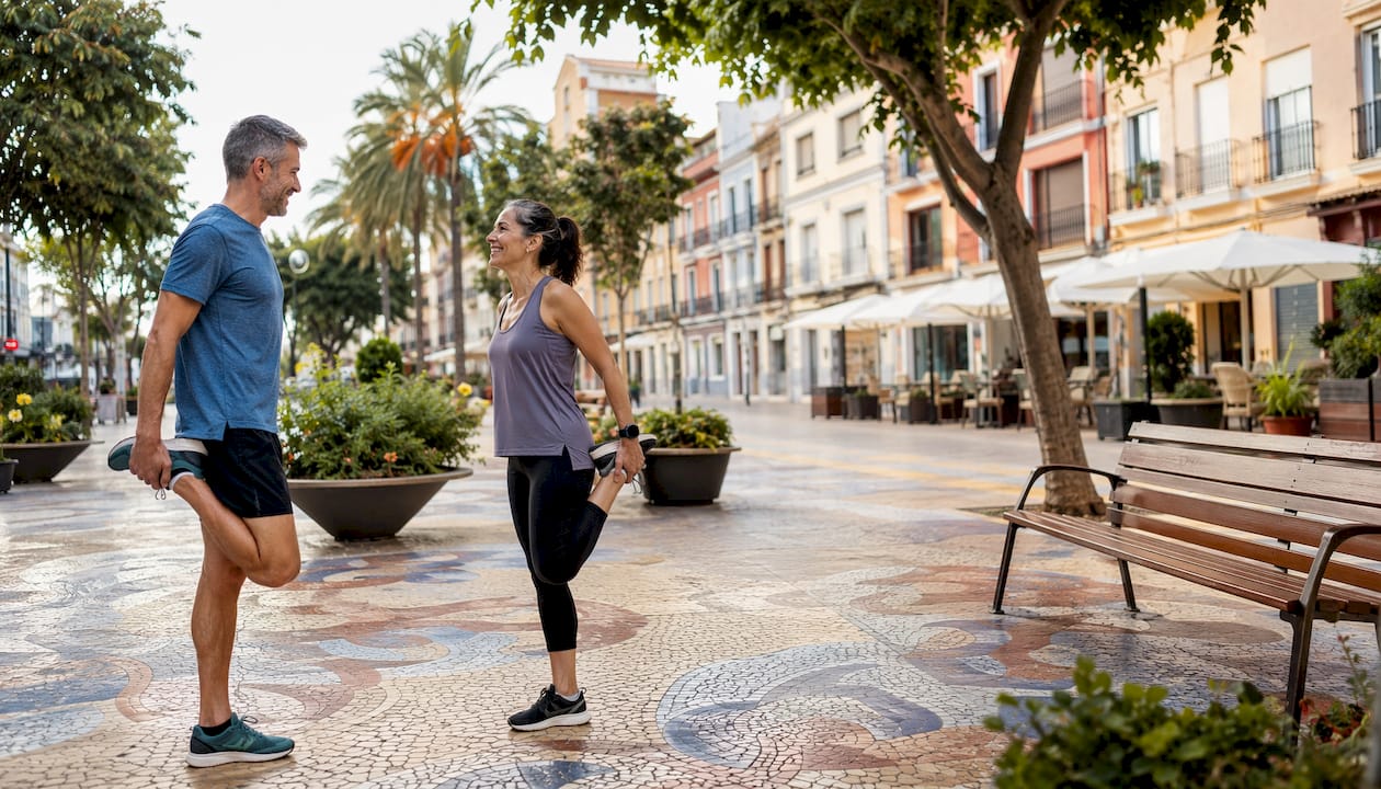 Una pareja se ejercita haciendo estiramientos al aire libre en uno de los parques de Cambrils.
