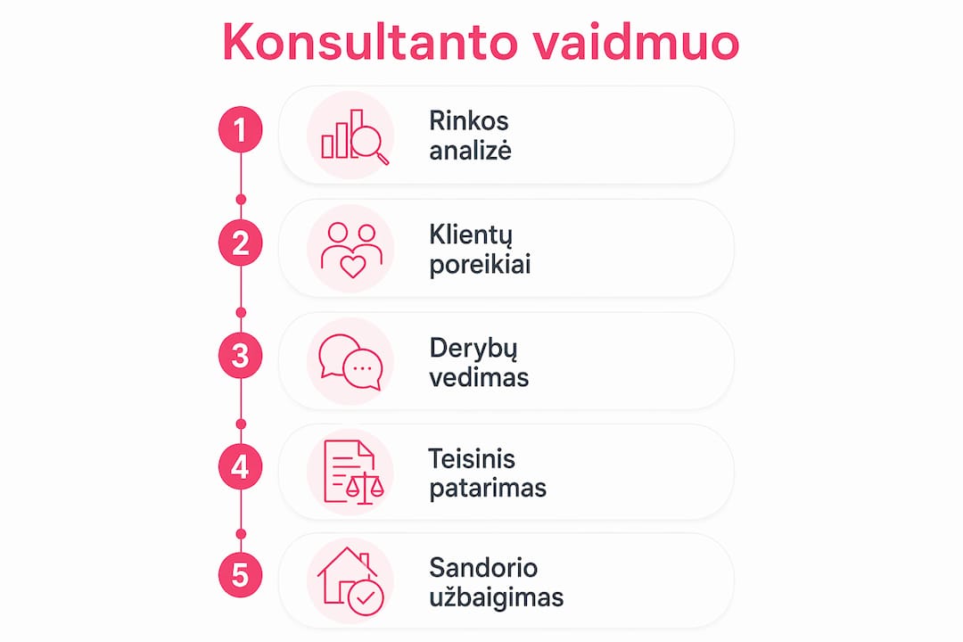 Vizualus gidas apie nekilnojamojo turto specialisto darbo sritis ir siūlomas paslaugas