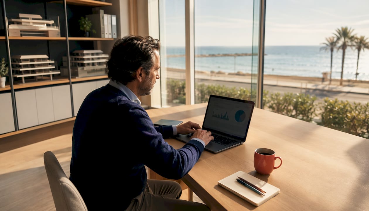 Agente inmobiliario tasando apartamentos con vistas al mar