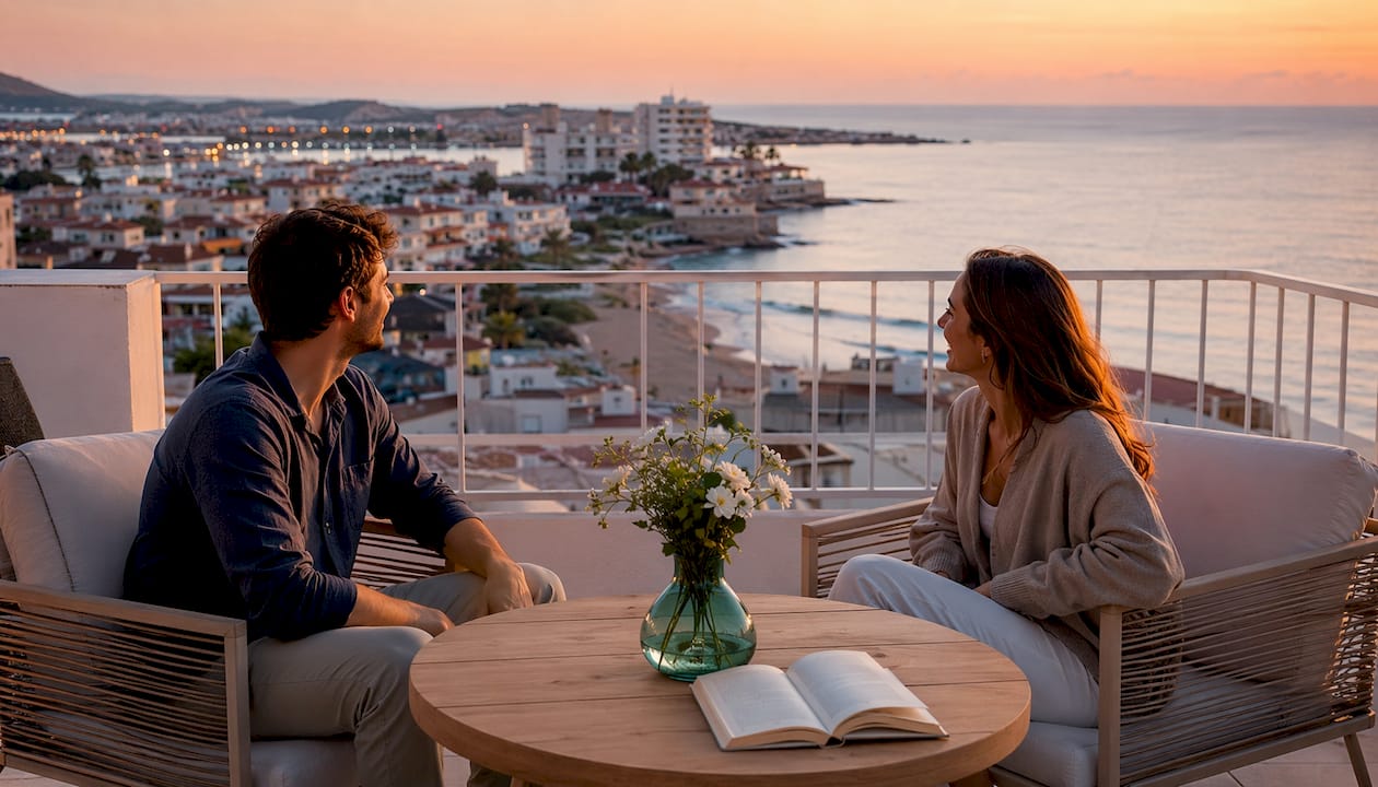 Una pareja disfruta de una terraza con impresionantes vistas al mar.