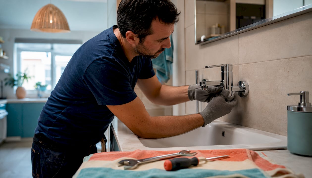 Hands installing bathroom fixtures in apartment