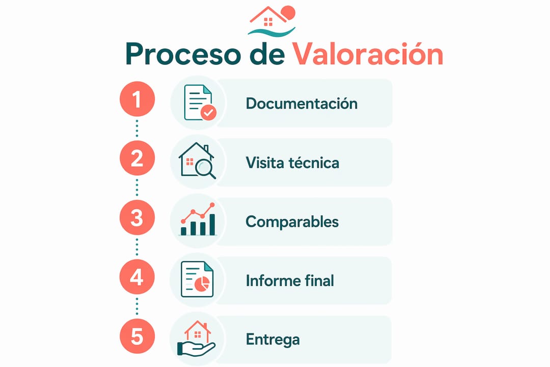 Infografía que explica, de manera detallada, cada etapa del proceso de tasación de una propiedad