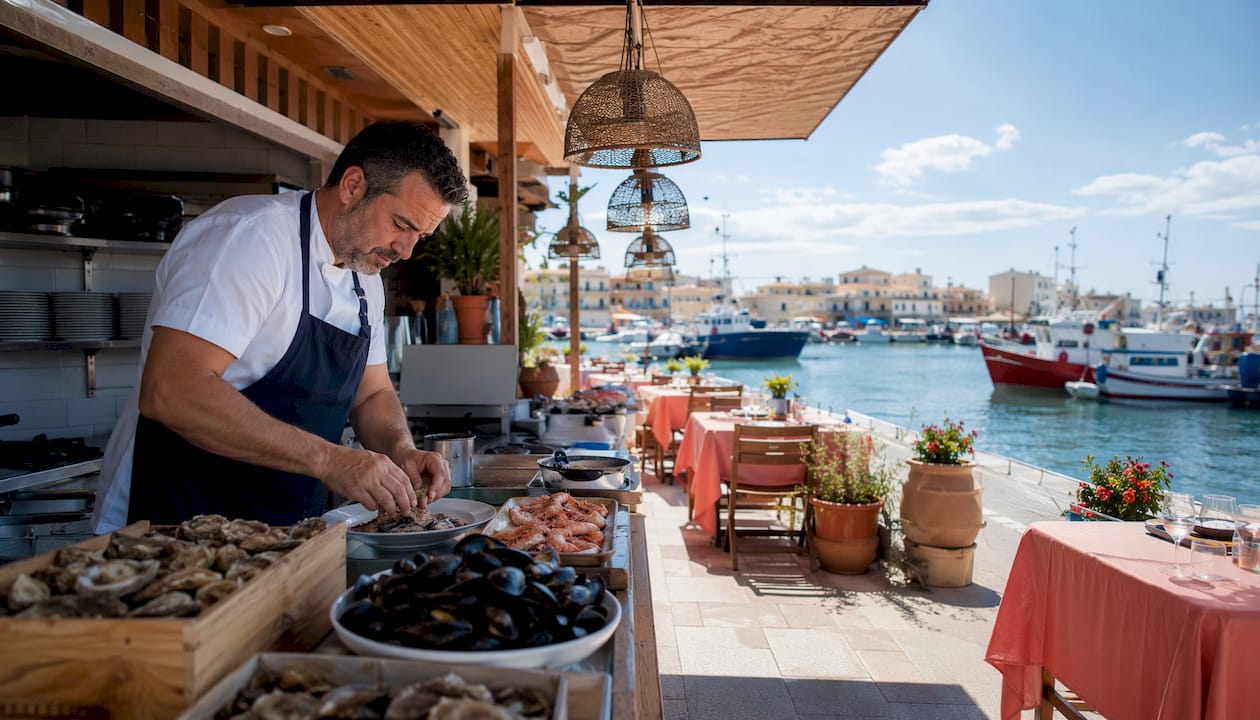 El chef del puerto de Cambrils prepara mariscos frescos en su restaurante, deleitando a los comensales con auténticos sabores del Mediterráneo.