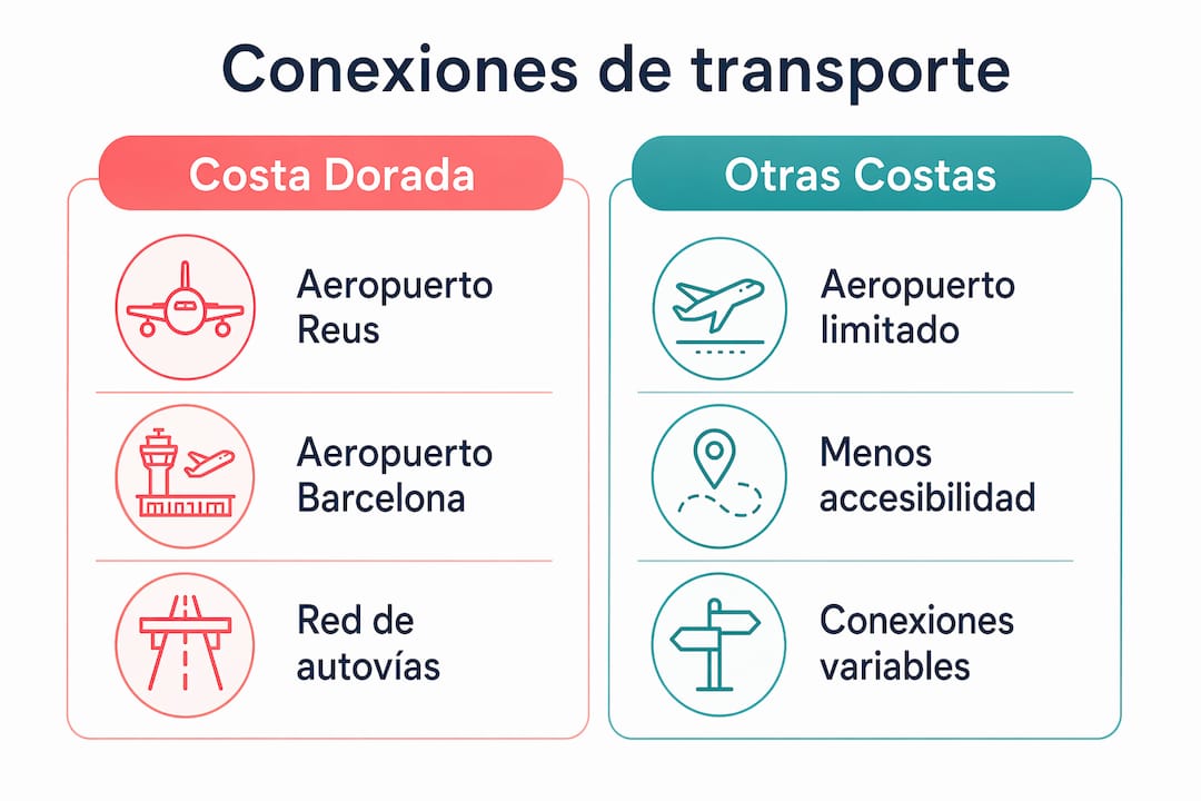 Infografía que compara las opciones de transporte en la Costa Dorada con las de otras zonas costeras