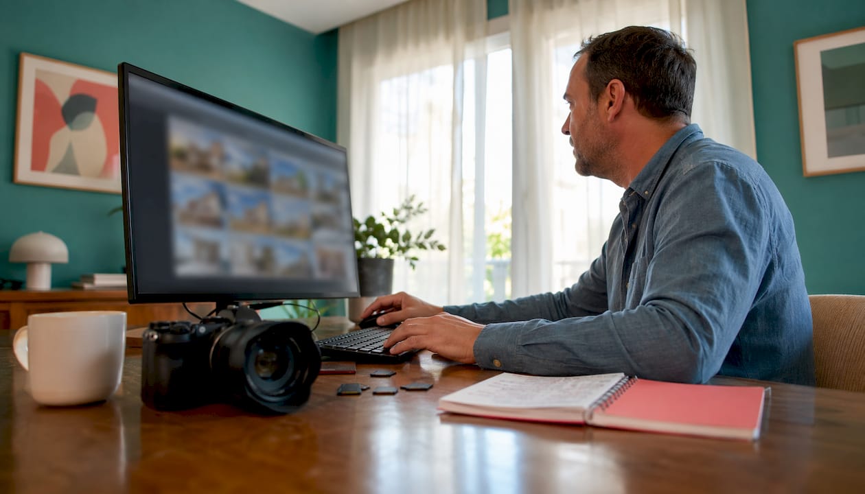 Hands editing property listing photos at home office