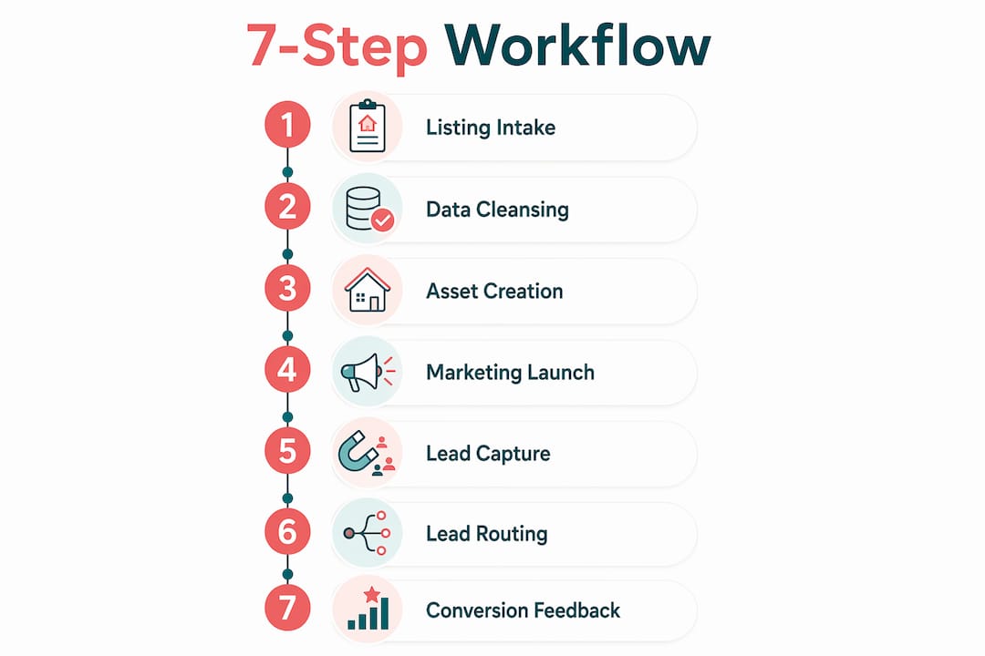 Infographic illustrating seven-step property marketing workflow