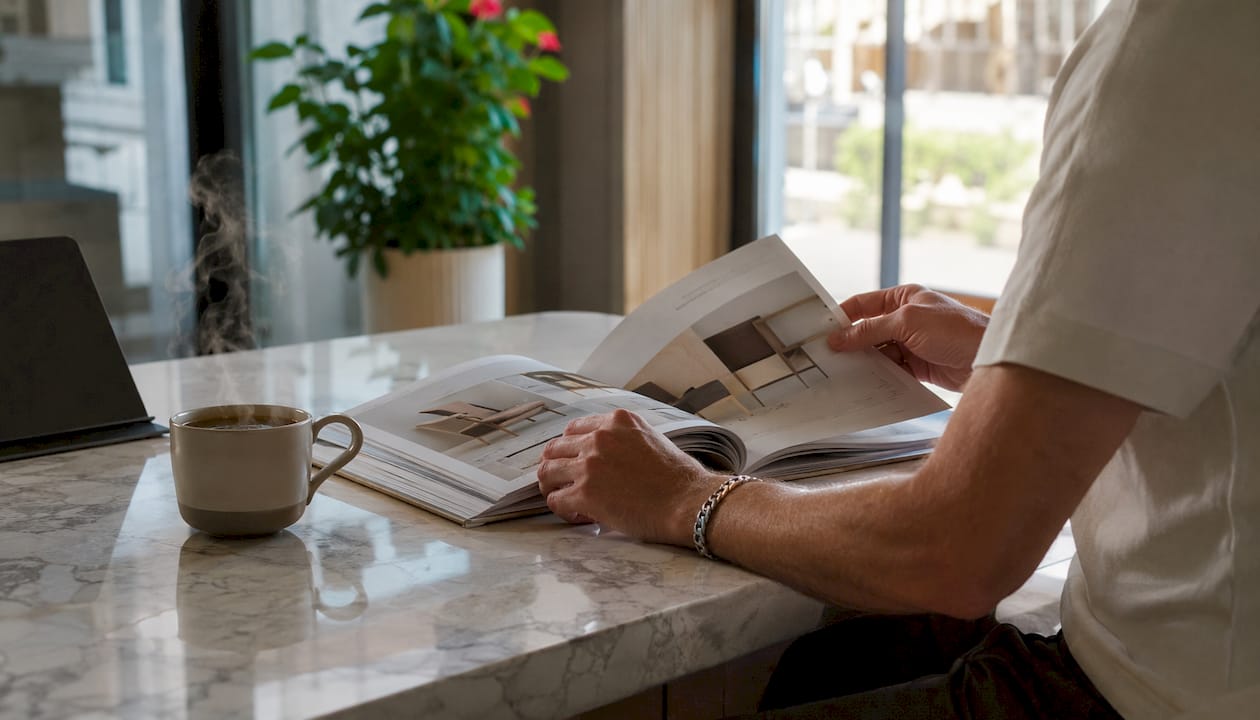 Hands arranging modular furniture catalog on table