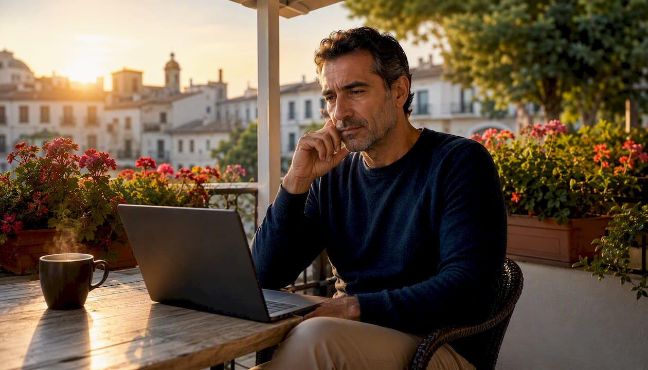 Inversor analizando oportunidades inmobiliarias, con el portátil aún sin abrir, evaluando cada detalle antes de tomar una decisión.
